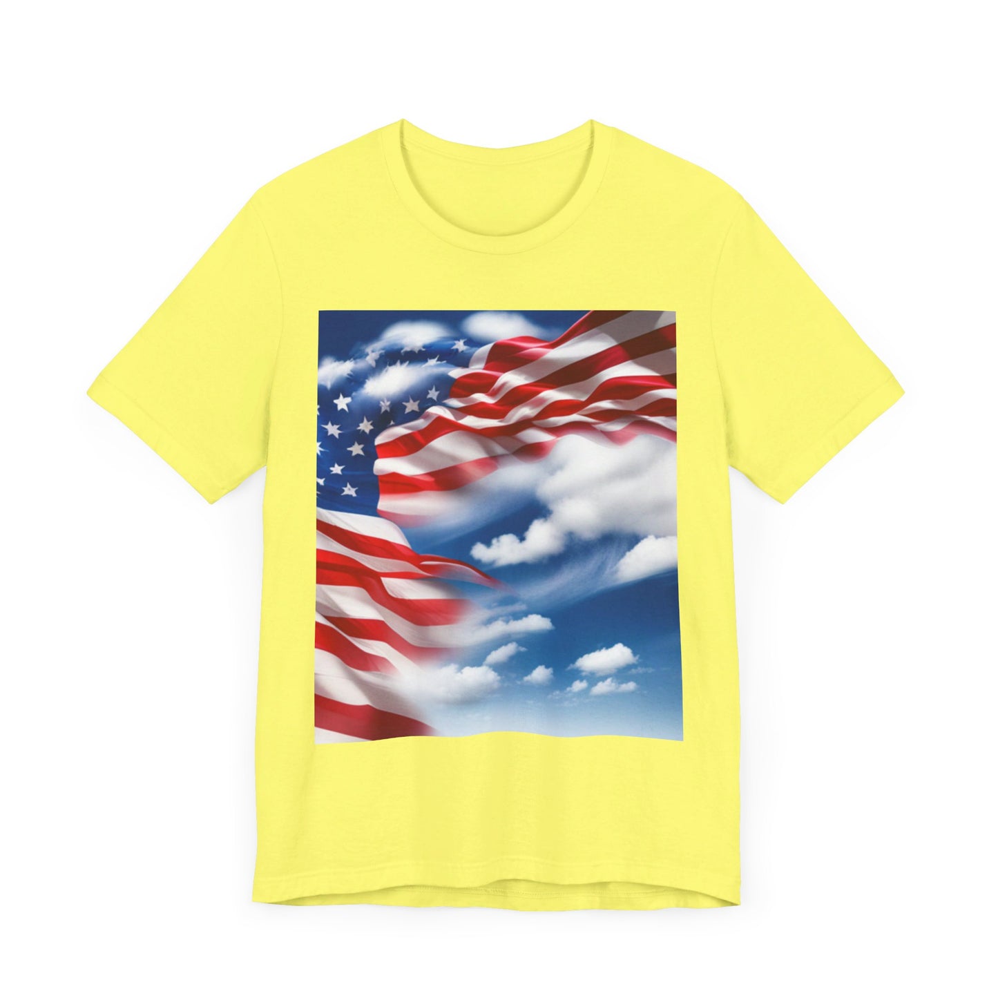 Unisex Jersey Short Sleeve Tee. with American Flag and home of the brave on th back.