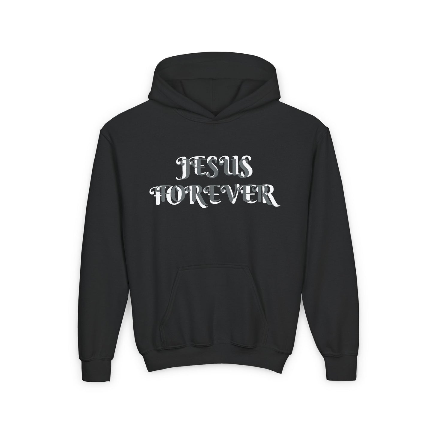 Youth Heavy Blend Hooded Sweatshirt with JESUS FOREVER on back JESUS CHRIST THE SAME YESTERDAY TODAYAND FOREVER.