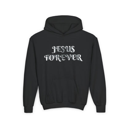 Youth Heavy Blend Hooded Sweatshirt with JESUS FOREVER on back JESUS CHRIST THE SAME YESTERDAY TODAYAND FOREVER.