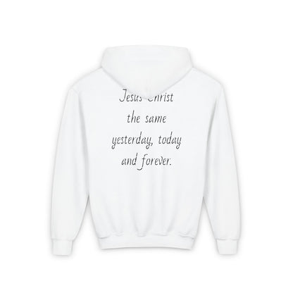 Youth Heavy Blend Hooded Sweatshirt with JESUS FOREVER on back JESUS CHRIST THE SAME YESTERDAY TODAYAND FOREVER.