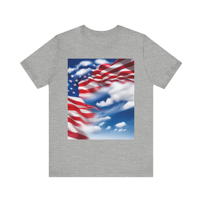 Unisex Jersey Short Sleeve Tee. with American Flag and home of the brave on th back.