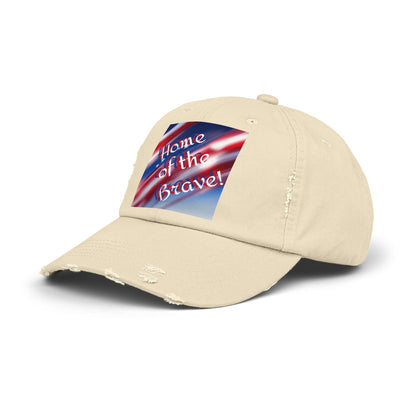 Unisex Distressed Cap America's flag in cloud form words home home of the brave.