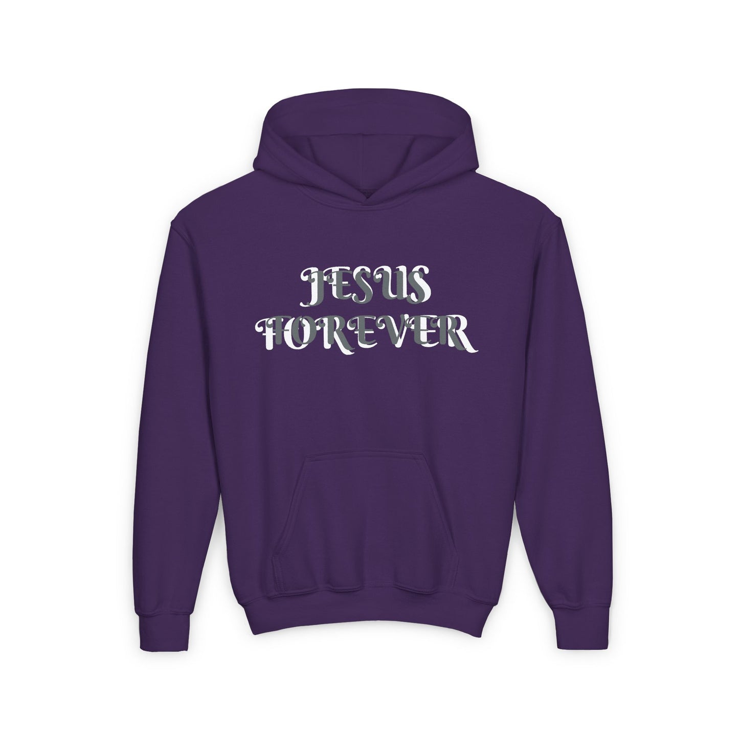Youth Heavy Blend Hooded Sweatshirt with JESUS FOREVER on back JESUS CHRIST THE SAME YESTERDAY TODAYAND FOREVER.