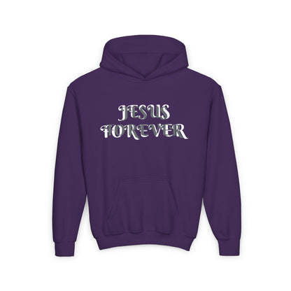 Youth Heavy Blend Hooded Sweatshirt with JESUS FOREVER on back JESUS CHRIST THE SAME YESTERDAY TODAYAND FOREVER.