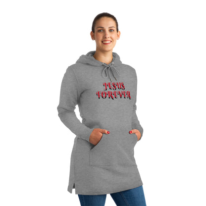 Christian Hoodie Dress - Jesus Forever Words Front & Covered by the Blood of Jesus Back Design red words.