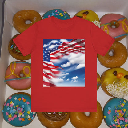 Unisex Jersey Short Sleeve Tee. with American flag.in cloud form. I'm  proud to be an American on the back