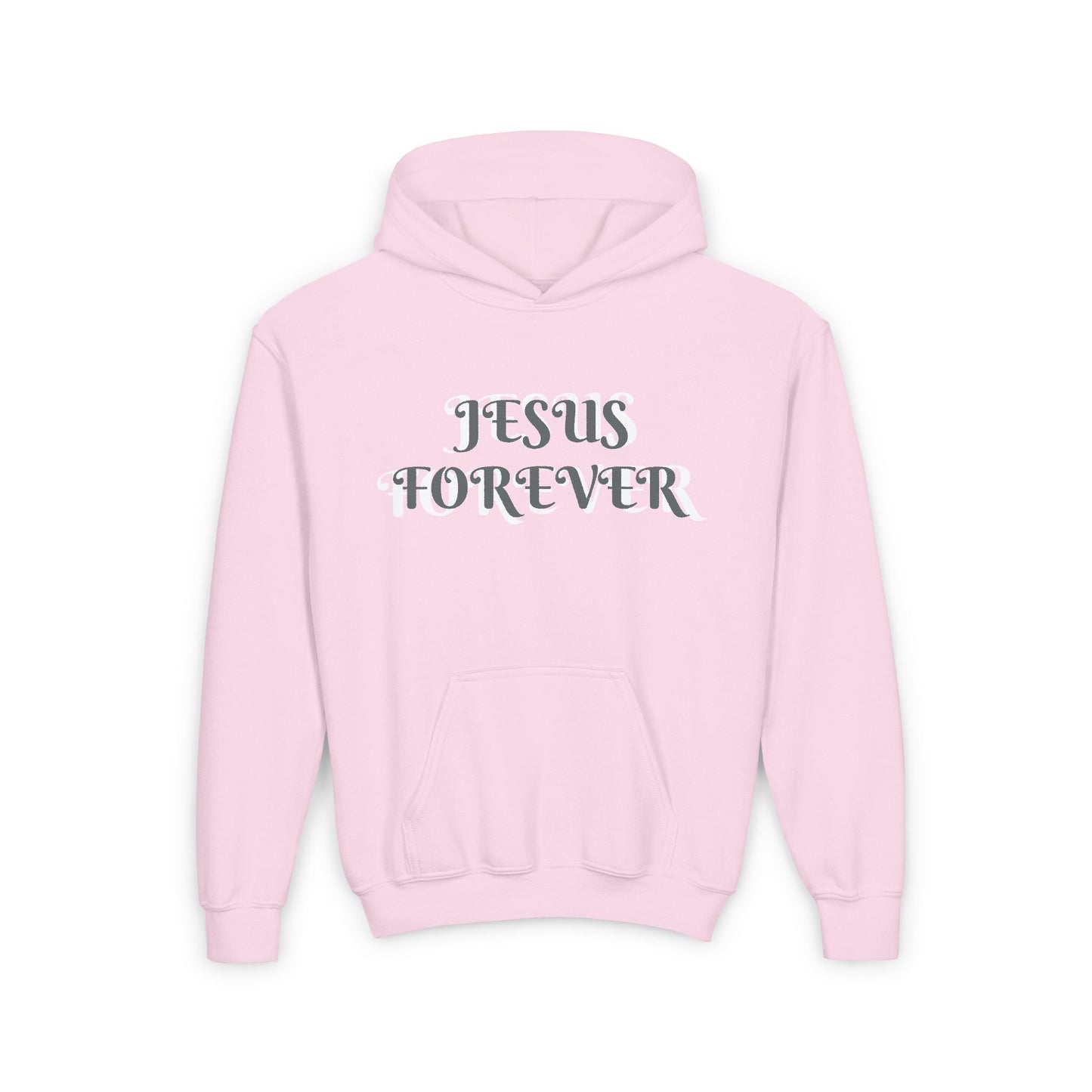 Youth Heavy Blend Hooded Sweatshirt with JESUS FOREVER on back JESUS CHRIST THE SAME YESTERDAY TODAYAND FOREVER.