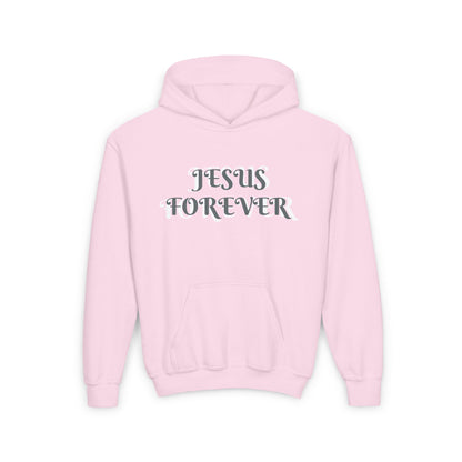 Youth Heavy Blend Hooded Sweatshirt with JESUS FOREVER on back JESUS CHRIST THE SAME YESTERDAY TODAYAND FOREVER.