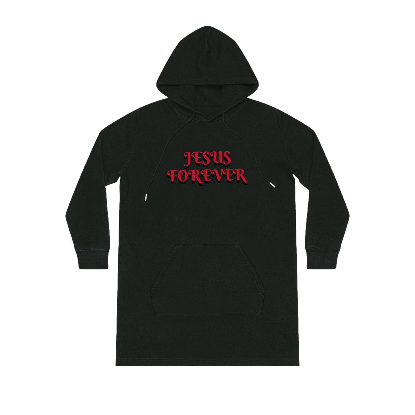 Christian Hoodie Dress - Jesus Forever Words Front & Covered by the Blood of Jesus Back Design red words.