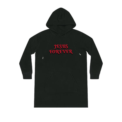 Christian Hoodie Dress - Jesus Forever Words Front & Covered by the Blood of Jesus Back Design red words.