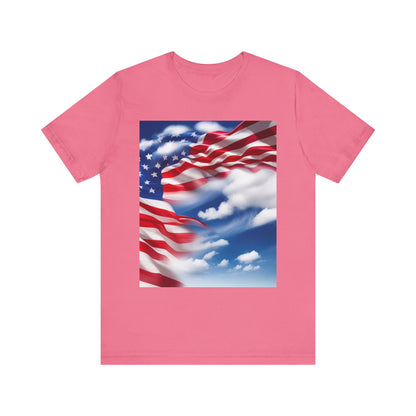 Unisex Jersey Short Sleeve Tee. with American Flag and home of the brave on th back.