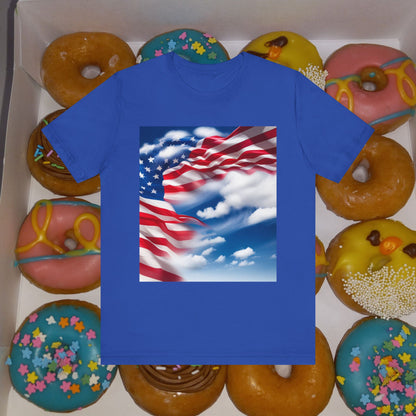 Unisex Jersey Short Sleeve Tee. with American flag.in cloud form. I'm  proud to be an American on the back