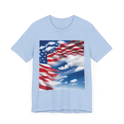 Unisex Jersey Short Sleeve Tee. with American flag.in cloud form. I'm  proud to be an American on the back