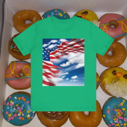 Unisex Jersey Short Sleeve Tee. with American flag.in cloud form. I'm  proud to be an American on the back