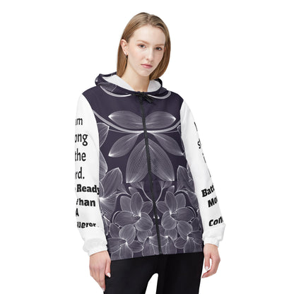 Windbreaker Jacket (AOP) black and white flower strong in the Lord, Battle Ready, More than a conqueror