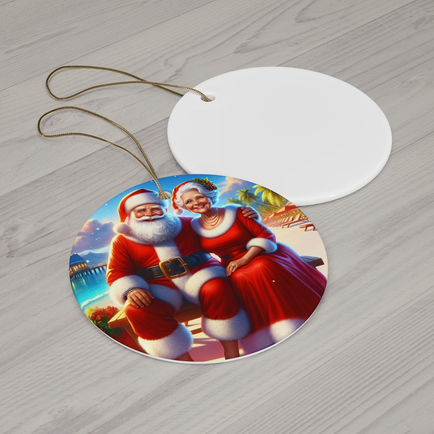 Ceramic Ornament, 3 Shapes ornaments  Santa and his wife in Florida.