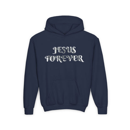 Youth Heavy Blend Hooded Sweatshirt with JESUS FOREVER on back JESUS CHRIST THE SAME YESTERDAY TODAYAND FOREVER.