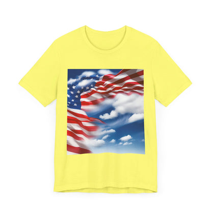 Unisex Jersey Short Sleeve Tee. with American flag.in cloud form. I'm  proud to be an American on the back