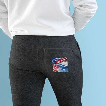 Unisex Fleece Joggers with American Flag and words Home of the Brave.