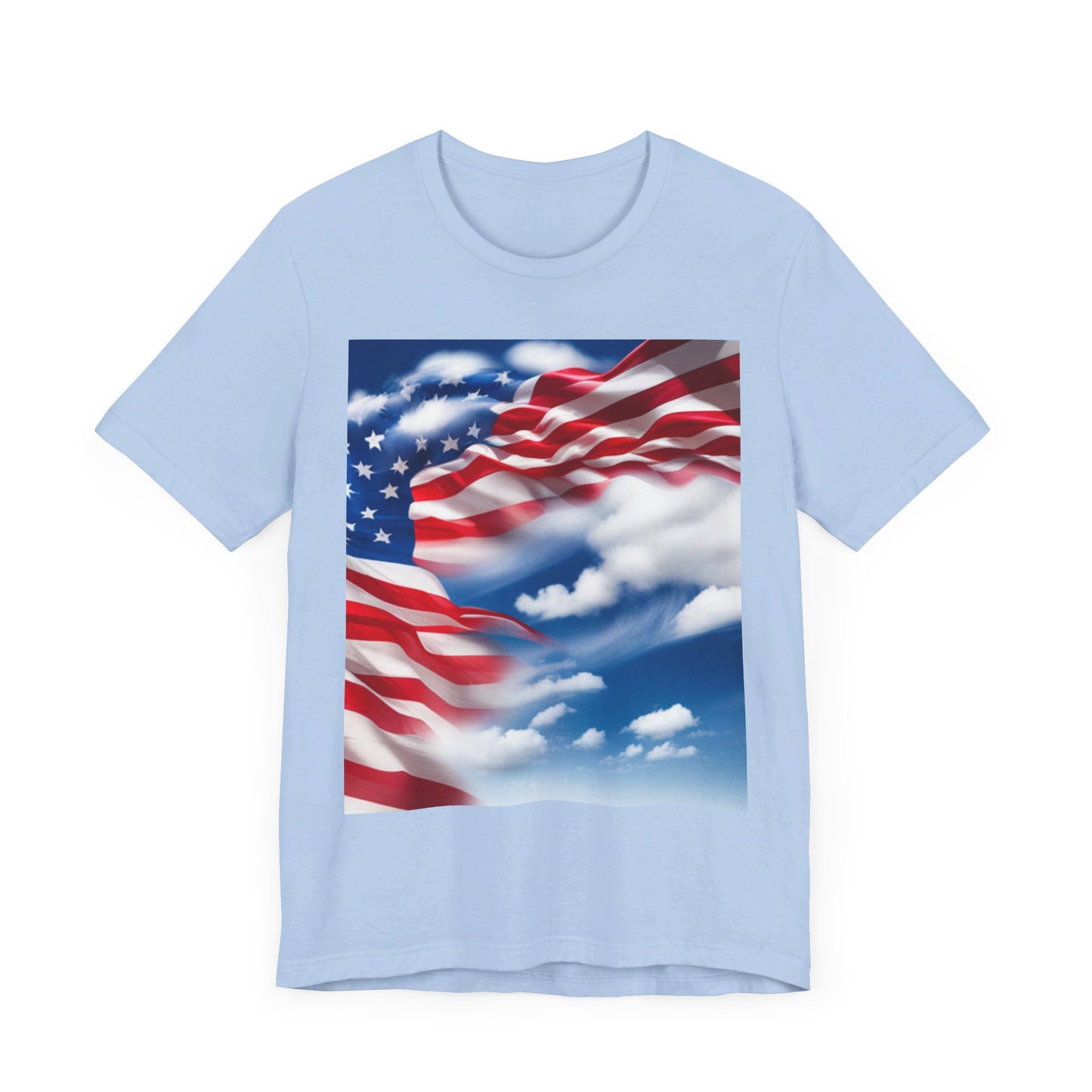 Unisex Jersey Short Sleeve Tee. with American Flag and home of the brave on th back.