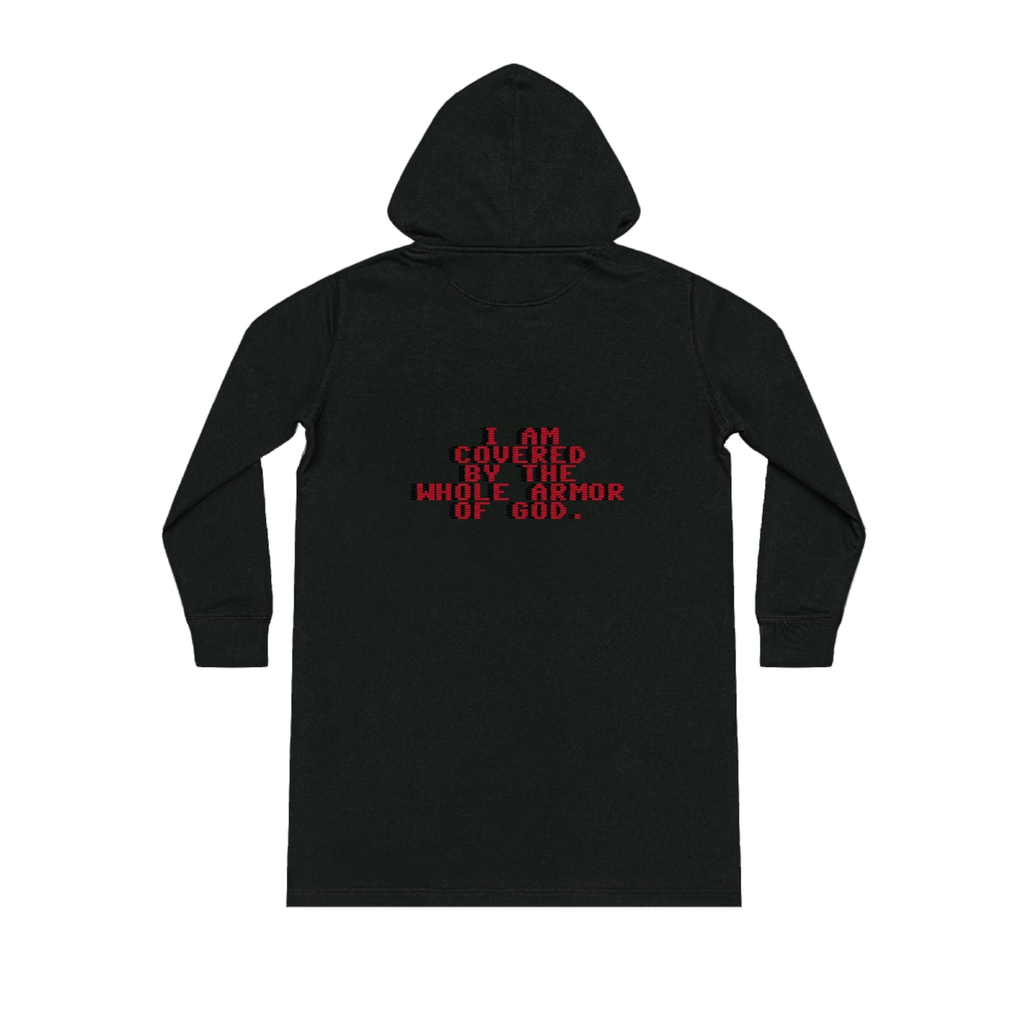 Christian Hoodie Dress - Jesus Forever Words Front & Covered by the Blood of Jesus Back Design red words.