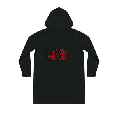 Christian Hoodie Dress - Jesus Forever Words Front & Covered by the Blood of Jesus Back Design red words.