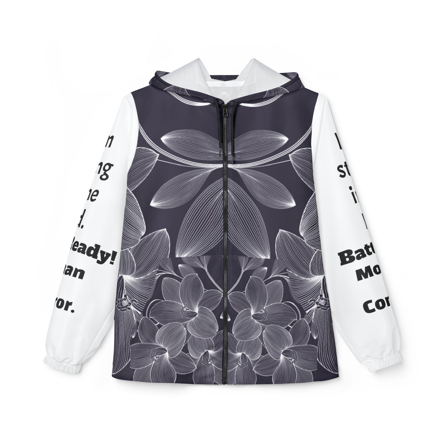 Windbreaker Jacket (AOP) black and white flower strong in the Lord, Battle Ready, More than a conqueror