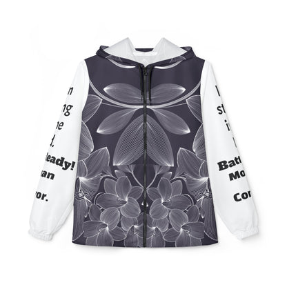 Windbreaker Jacket (AOP) black and white flower strong in the Lord, Battle Ready, More than a conqueror