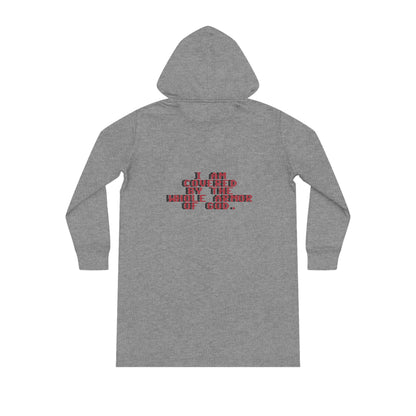 Christian Hoodie Dress - Jesus Forever Words Front & Covered by the Blood of Jesus Back Design red words.