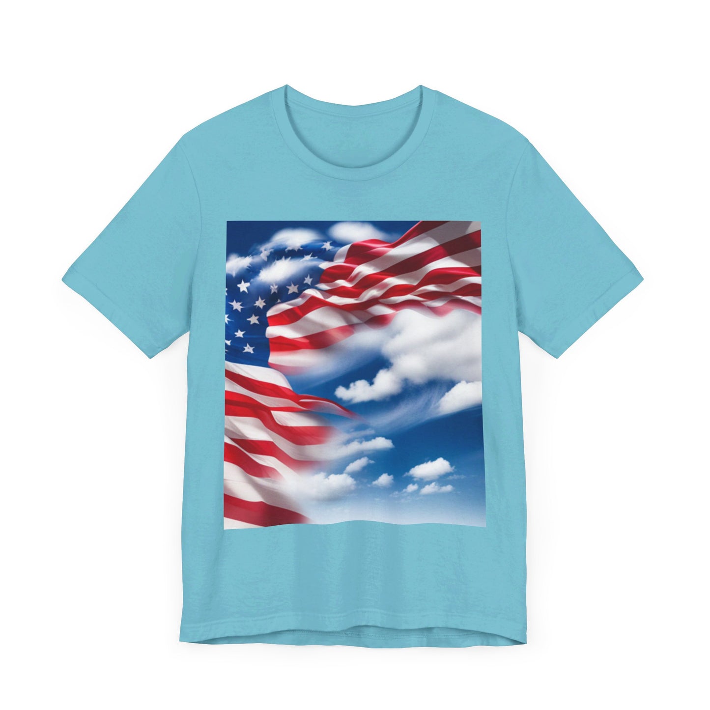 Unisex Jersey Short Sleeve Tee. with American Flag and home of the brave on th back.