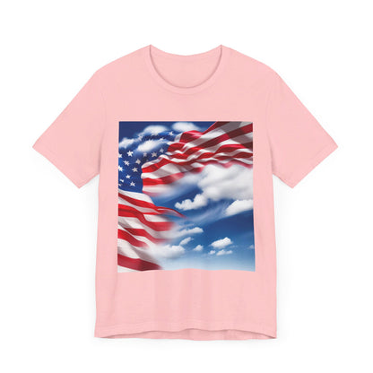 Unisex Jersey Short Sleeve Tee. with American flag.in cloud form. I'm  proud to be an American on the back