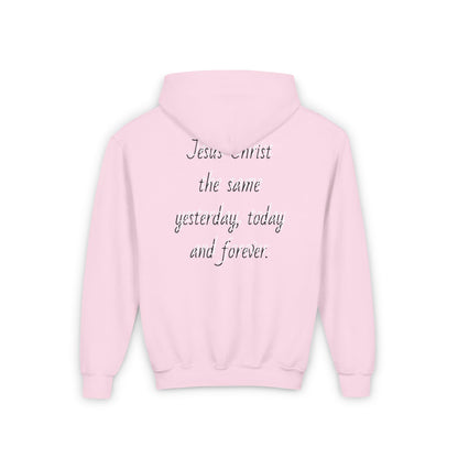 Youth Heavy Blend Hooded Sweatshirt with JESUS FOREVER on back JESUS CHRIST THE SAME YESTERDAY TODAYAND FOREVER.
