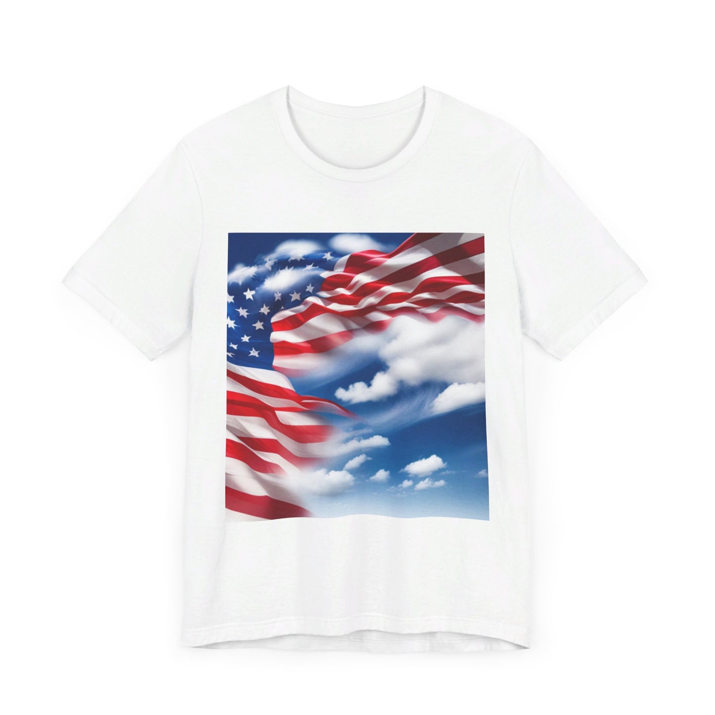 Unisex Jersey Short Sleeve Tee. with American flag.in cloud form. I'm  proud to be an American on the back