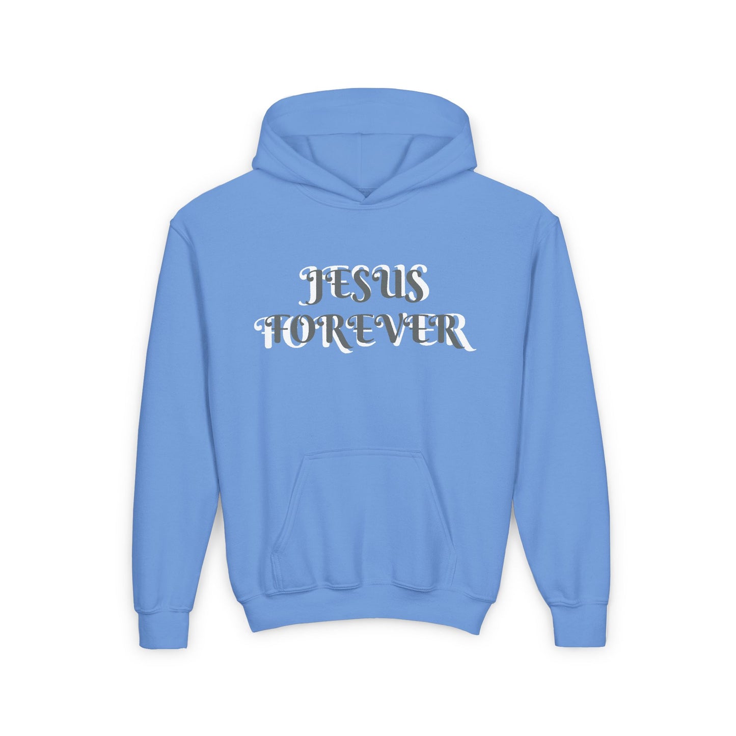 Youth Heavy Blend Hooded Sweatshirt with JESUS FOREVER on back JESUS CHRIST THE SAME YESTERDAY TODAYAND FOREVER.