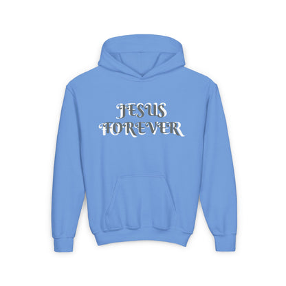 Youth Heavy Blend Hooded Sweatshirt with JESUS FOREVER on back JESUS CHRIST THE SAME YESTERDAY TODAYAND FOREVER.