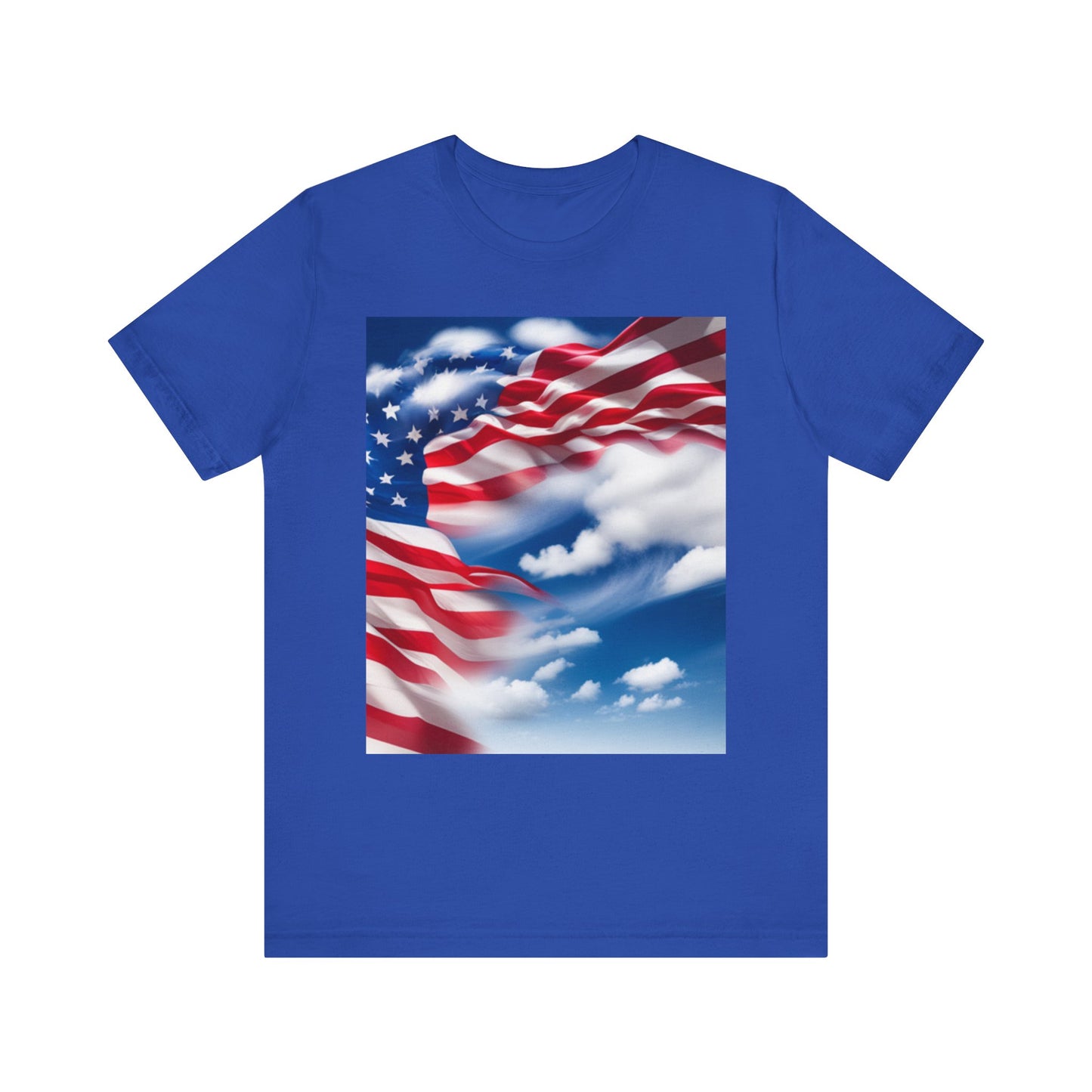 Unisex Jersey Short Sleeve Tee. with American Flag and home of the brave on th back.