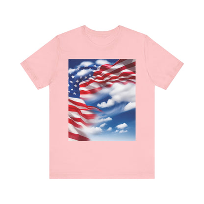 Unisex Jersey Short Sleeve Tee. with American Flag and home of the brave on th back.