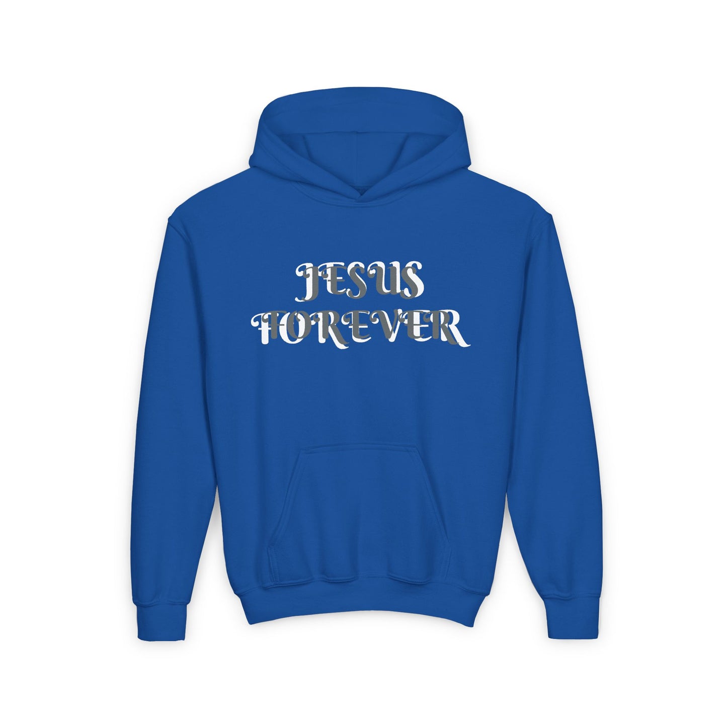 Youth Heavy Blend Hooded Sweatshirt with JESUS FOREVER on back JESUS CHRIST THE SAME YESTERDAY TODAYAND FOREVER.