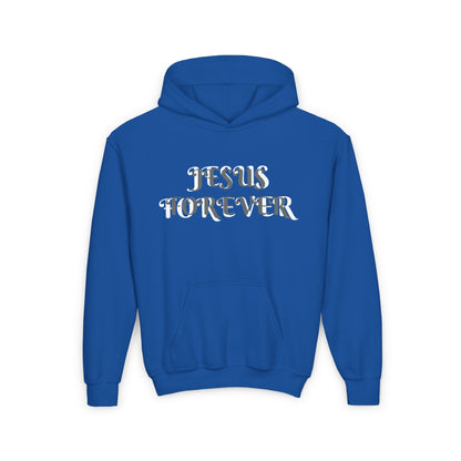 Youth Heavy Blend Hooded Sweatshirt with JESUS FOREVER on back JESUS CHRIST THE SAME YESTERDAY TODAYAND FOREVER.