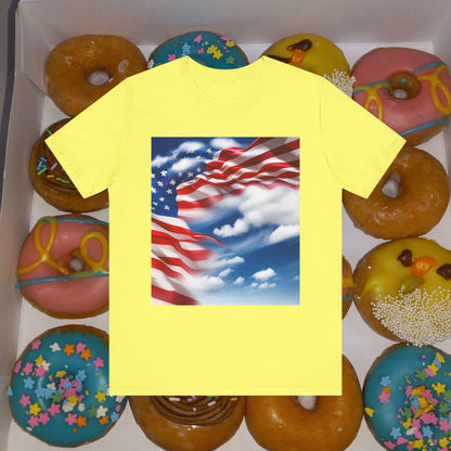 Unisex Jersey Short Sleeve Tee. with American flag.in cloud form. I'm  proud to be an American on the back