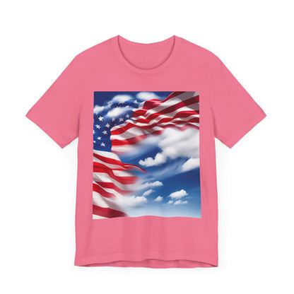 Unisex Jersey Short Sleeve Tee. with American Flag and home of the brave on th back.