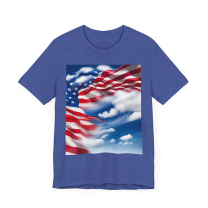 Unisex Jersey Short Sleeve Tee. with American Flag and home of the brave on th back.