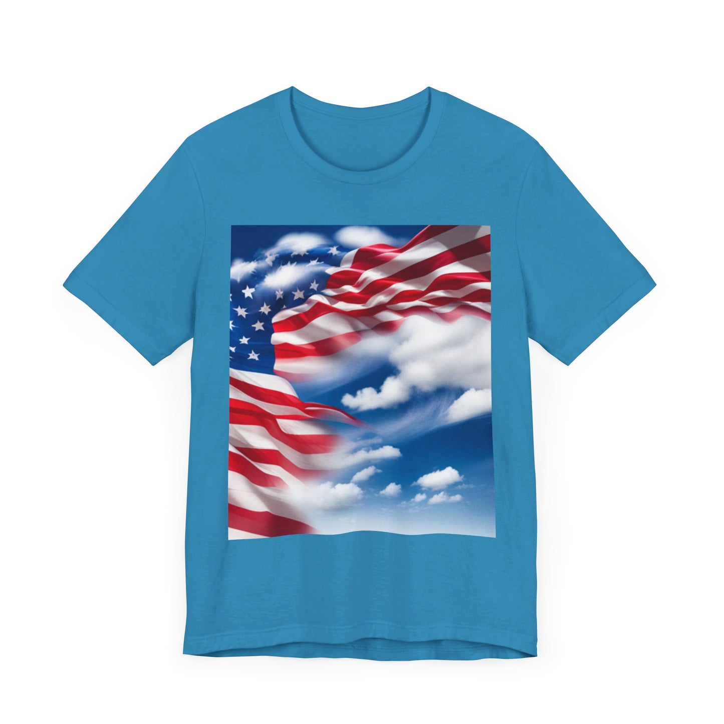 Unisex Jersey Short Sleeve Tee. with American Flag and home of the brave on th back.