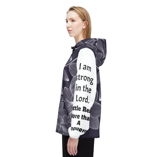 Windbreaker Jacket (AOP) black and white flower strong in the Lord, Battle Ready, More than a conqueror