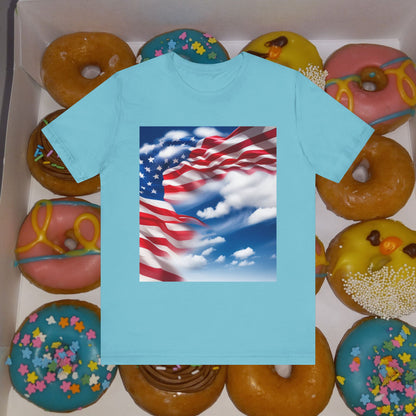 Unisex Jersey Short Sleeve Tee. with American flag.in cloud form. I'm  proud to be an American on the back