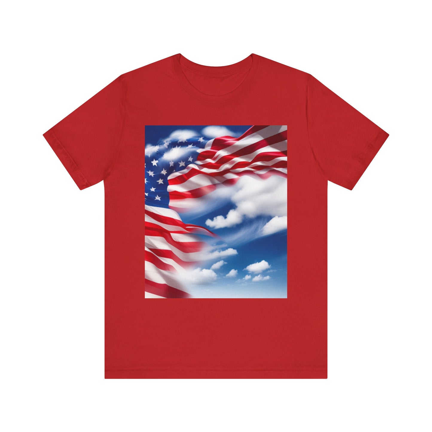 Unisex Jersey Short Sleeve Tee. with American Flag and home of the brave on th back.