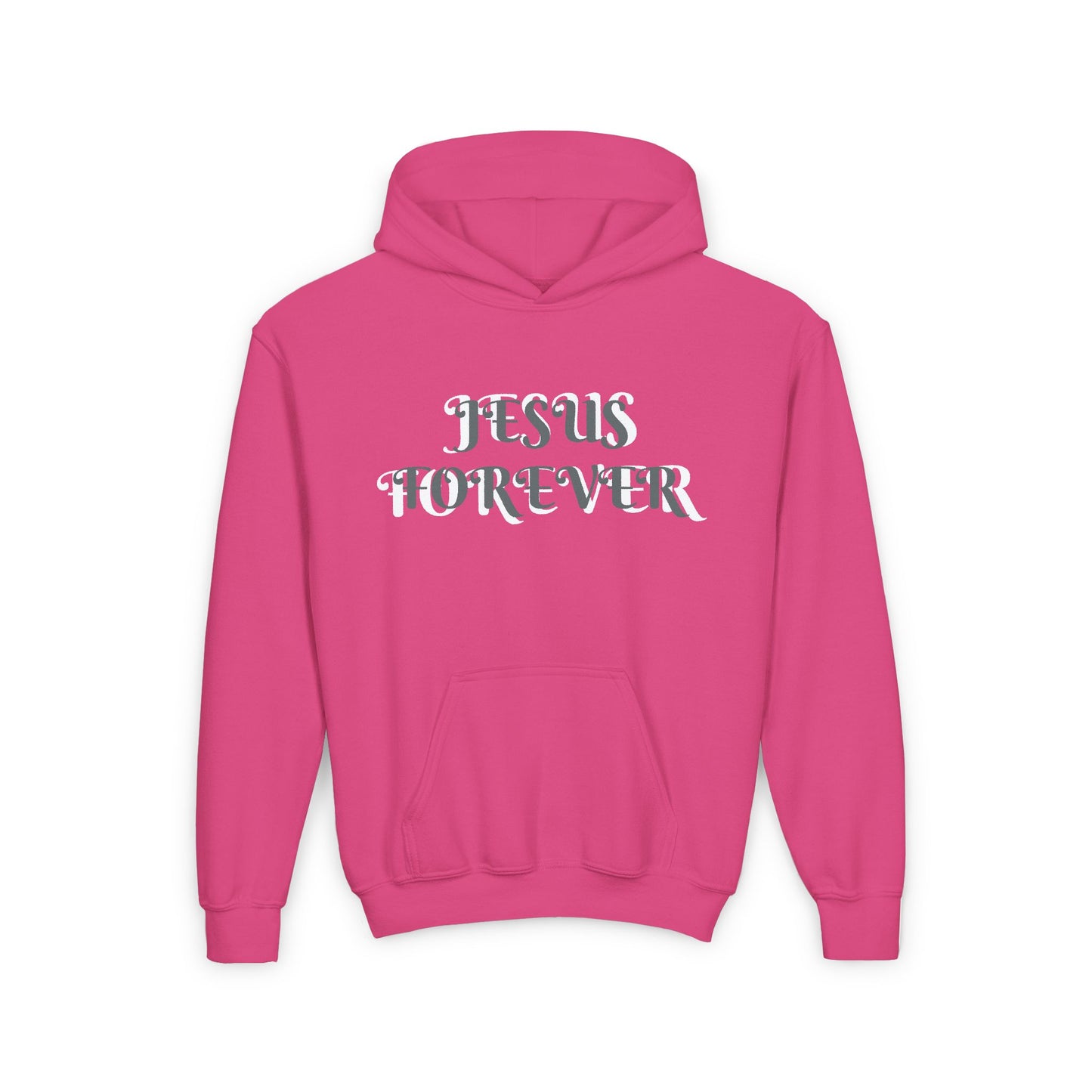 Youth Heavy Blend Hooded Sweatshirt with JESUS FOREVER on back JESUS CHRIST THE SAME YESTERDAY TODAYAND FOREVER.