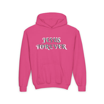 Youth Heavy Blend Hooded Sweatshirt with JESUS FOREVER on back JESUS CHRIST THE SAME YESTERDAY TODAYAND FOREVER.