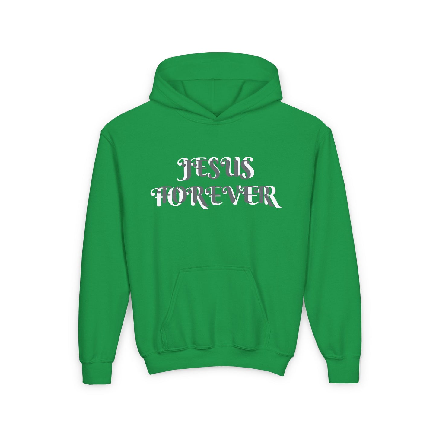Youth Heavy Blend Hooded Sweatshirt with JESUS FOREVER on back JESUS CHRIST THE SAME YESTERDAY TODAYAND FOREVER.