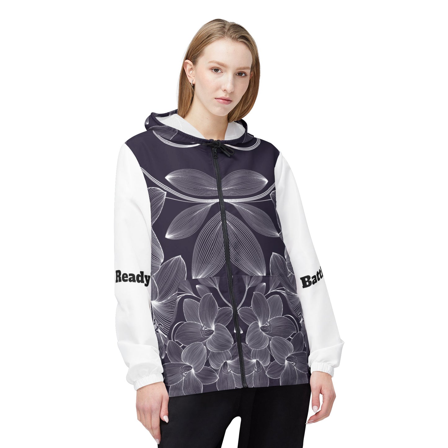 Windbreaker Jacket (AOP) black and white flower strong in the Lord, Battle Ready, More than a conqueror